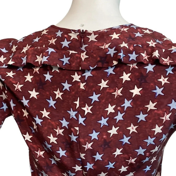 Sandro Burgundy Star Print 100% Silk Round Neck Ruffle Mini Dress Size 1=S US - Picture 6 of 13